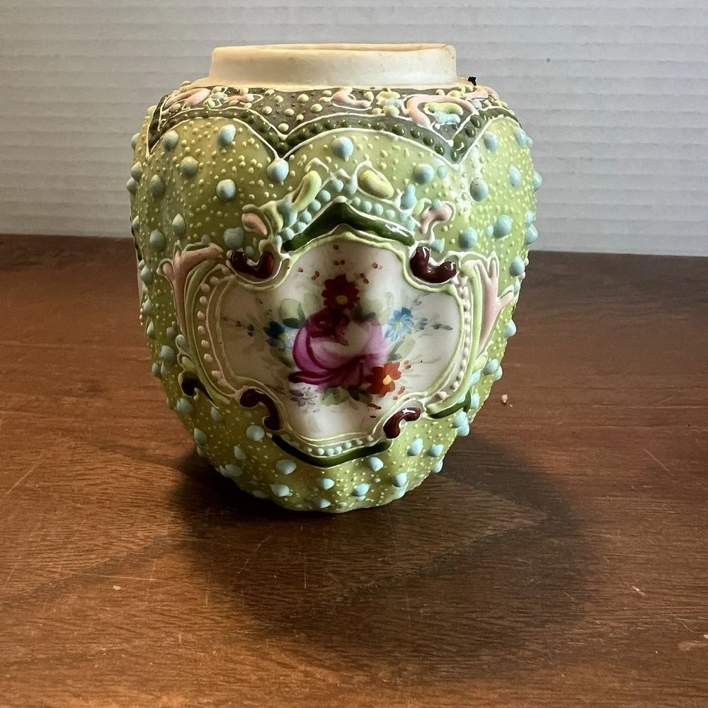 Antique Nippon Moriage Vase Hand Painted Floral Celadon Green Porcelain 3.25
